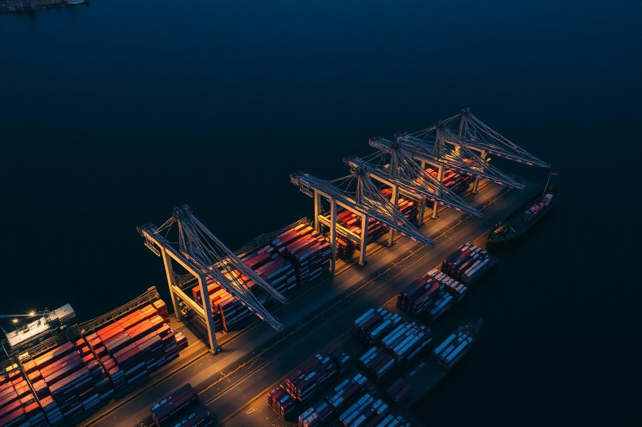 Aerial view of a container terminal with gantry cranes loading a vessel at dusk
