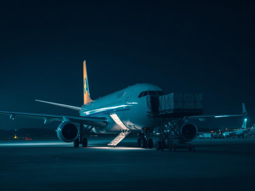 Cargo aircraft being loaded with air freight pallets on an airport apron