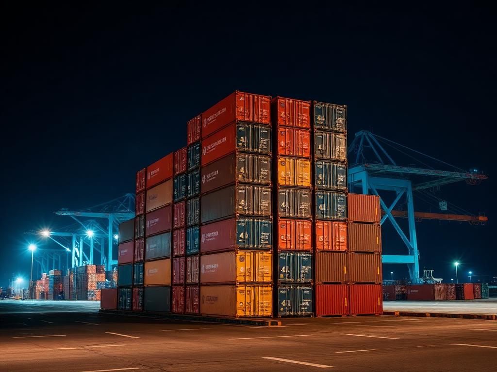 Container vessel loaded with containers departing a modern port terminal