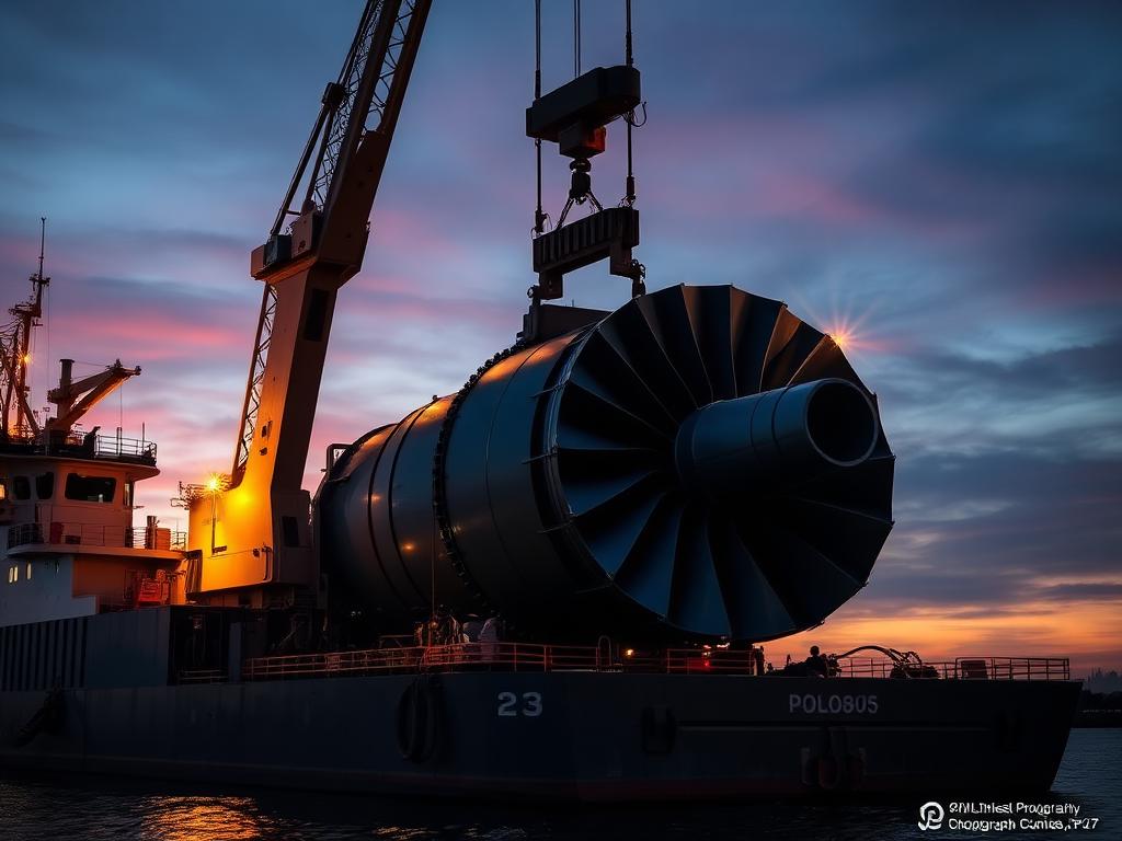 Heavy lift crane loading an oversized industrial turbine onto a vessel