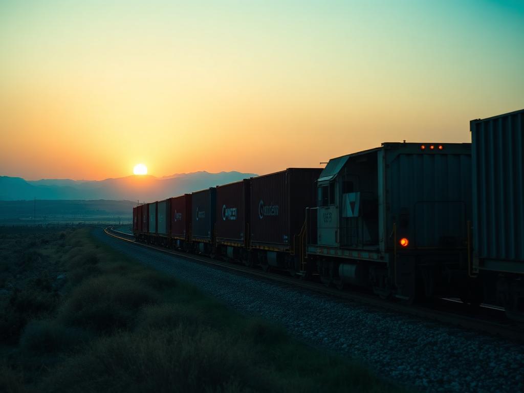 Container freight train crossing the Eurasian rail corridor at sunrise