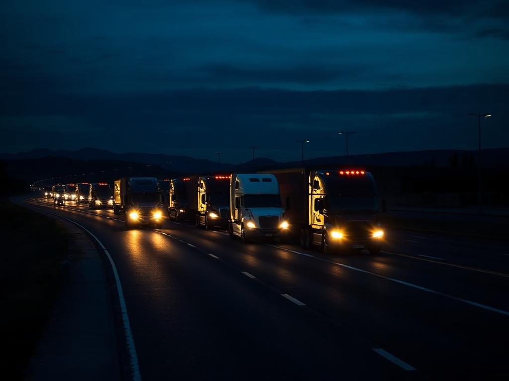 Fleet of cargo trucks on a highway at dusk carrying containers