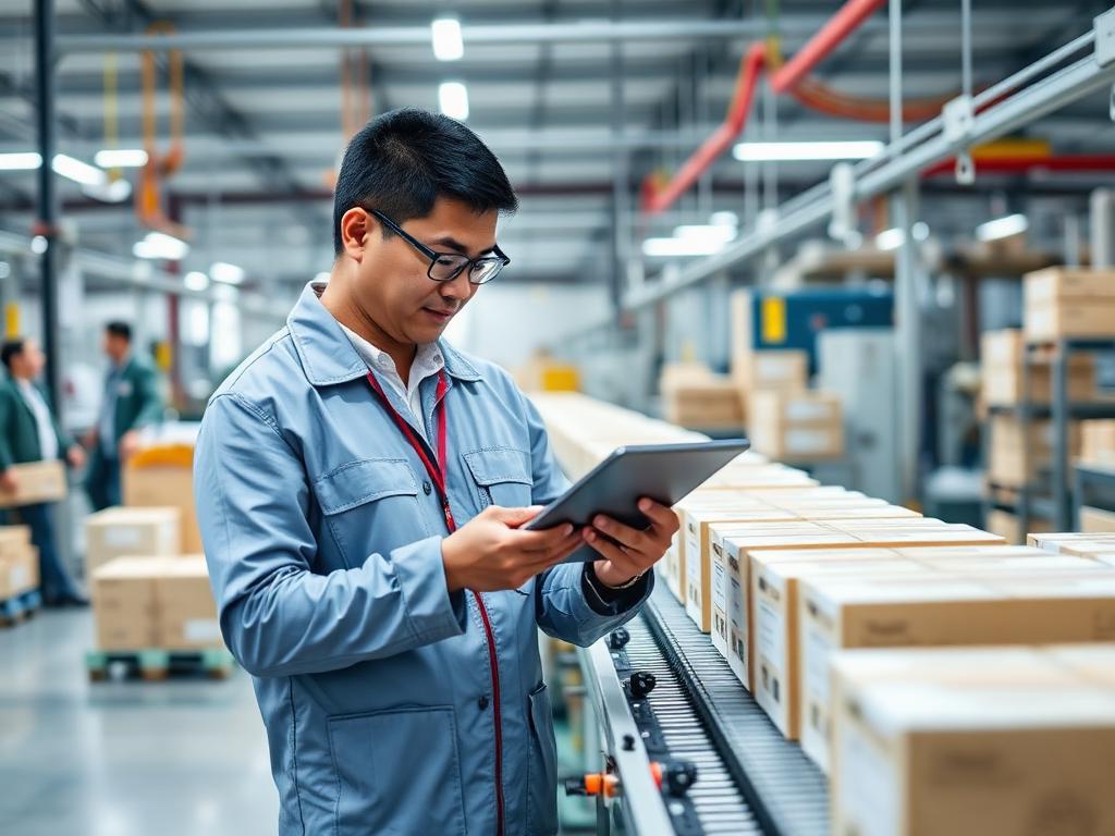 Quality inspector checking cartons on a production line in a Chinese factory