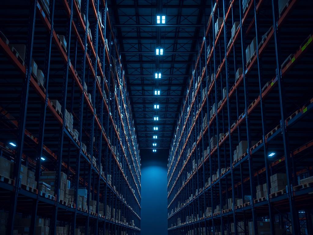 Interior of a modern logistics warehouse with racked pallets and forklifts